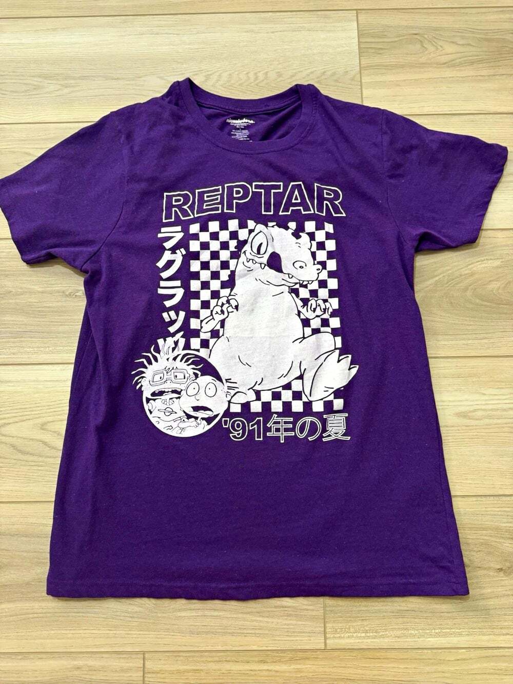 Nickelodeon Rugrats Reptar Purple T-Shirt Large Japanese Katakana Checkered '91